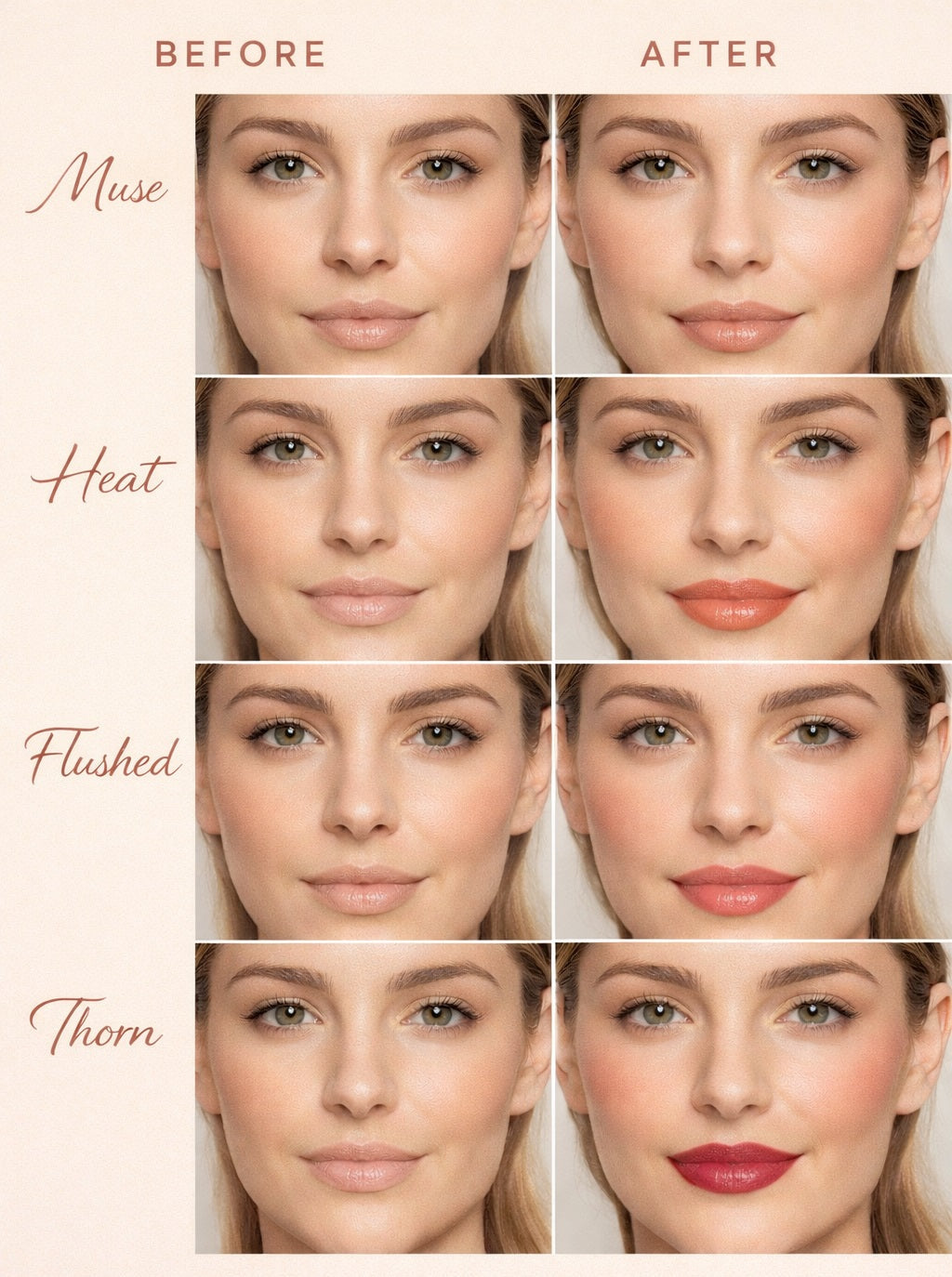 Before and after comparison of a woman's face with different makeup effects labeled 'Muse', 'Heat', 'Flushed', and 'Thorn'.