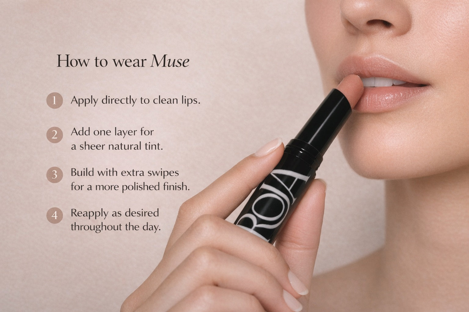 ROJA Muse Bloom Balm being applied with text on how to wear it, against a neutral background.